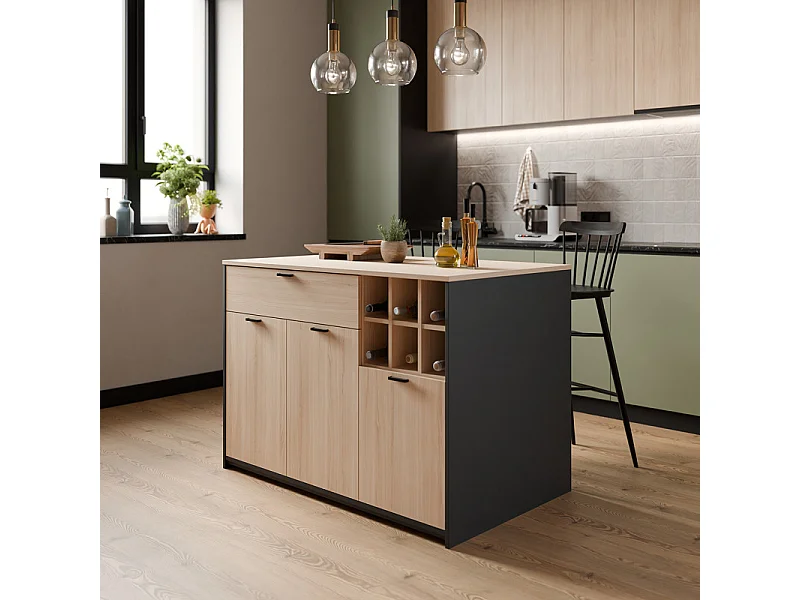 Ilot central rangement 3 portes 1 tiroir décor bois clair et noir - KEMA