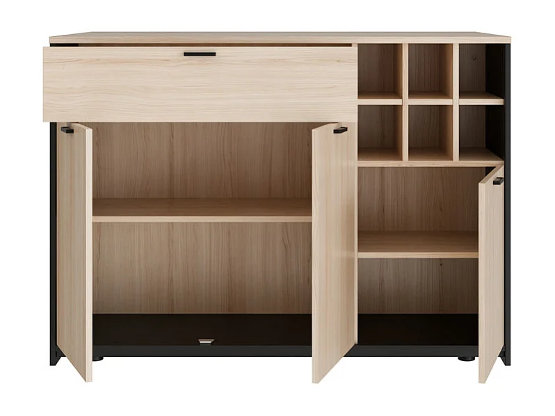 Ilot central rangement 3 portes 1 tiroir décor bois clair et noir - KEMA