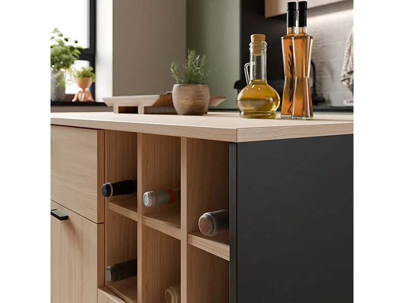 Ilot central rangement 3 portes 1 tiroir décor bois clair et noir - KEMA