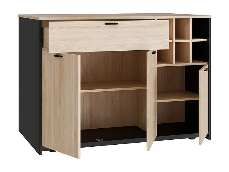 Ilot central rangement 3 portes 1 tiroir décor bois clair et noir - KEMA