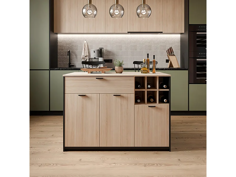 Ilot central rangement 3 portes 1 tiroir décor bois clair et noir - KEMA