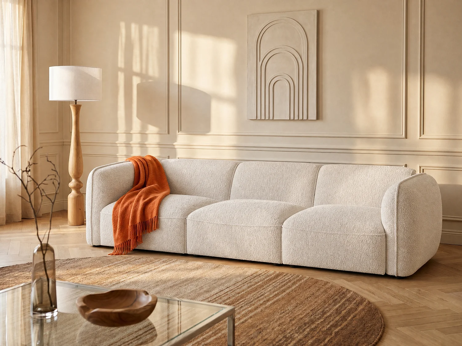 Canapé modulable 3 places en tissu chenille beige CAMILIO de Maison Céphy