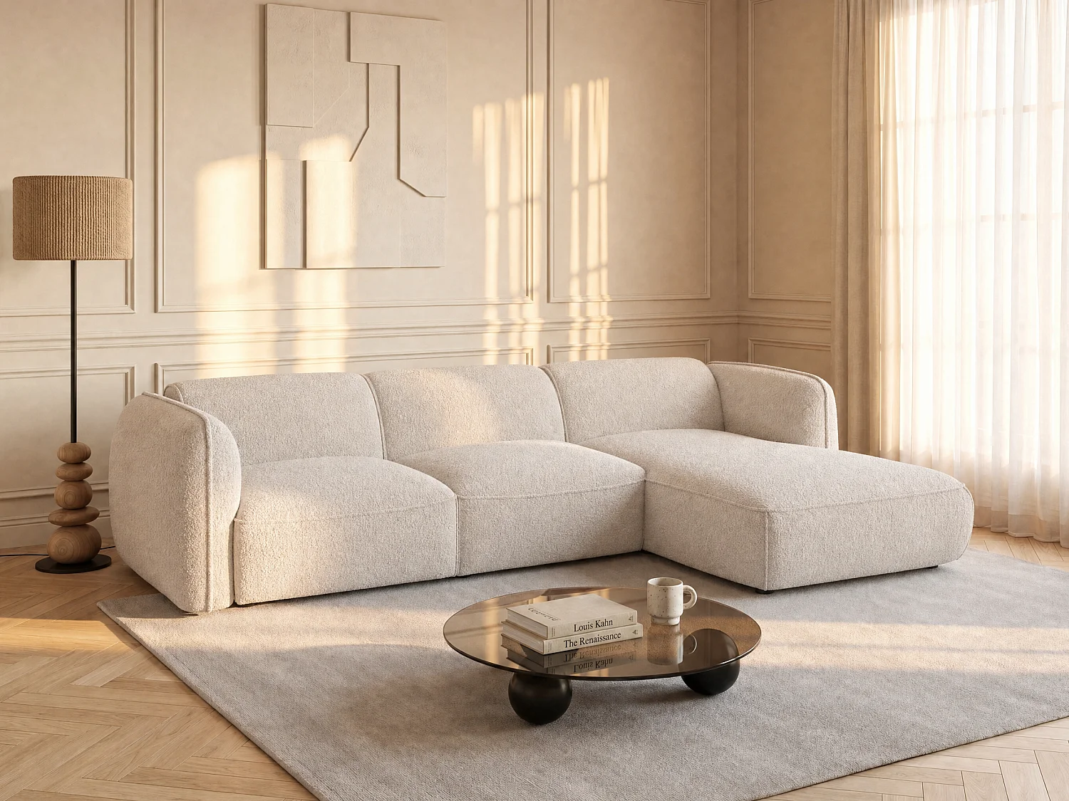 Canapé d'angle droit modulable en tissu chenille beige CAMILIO de Maison Céphy