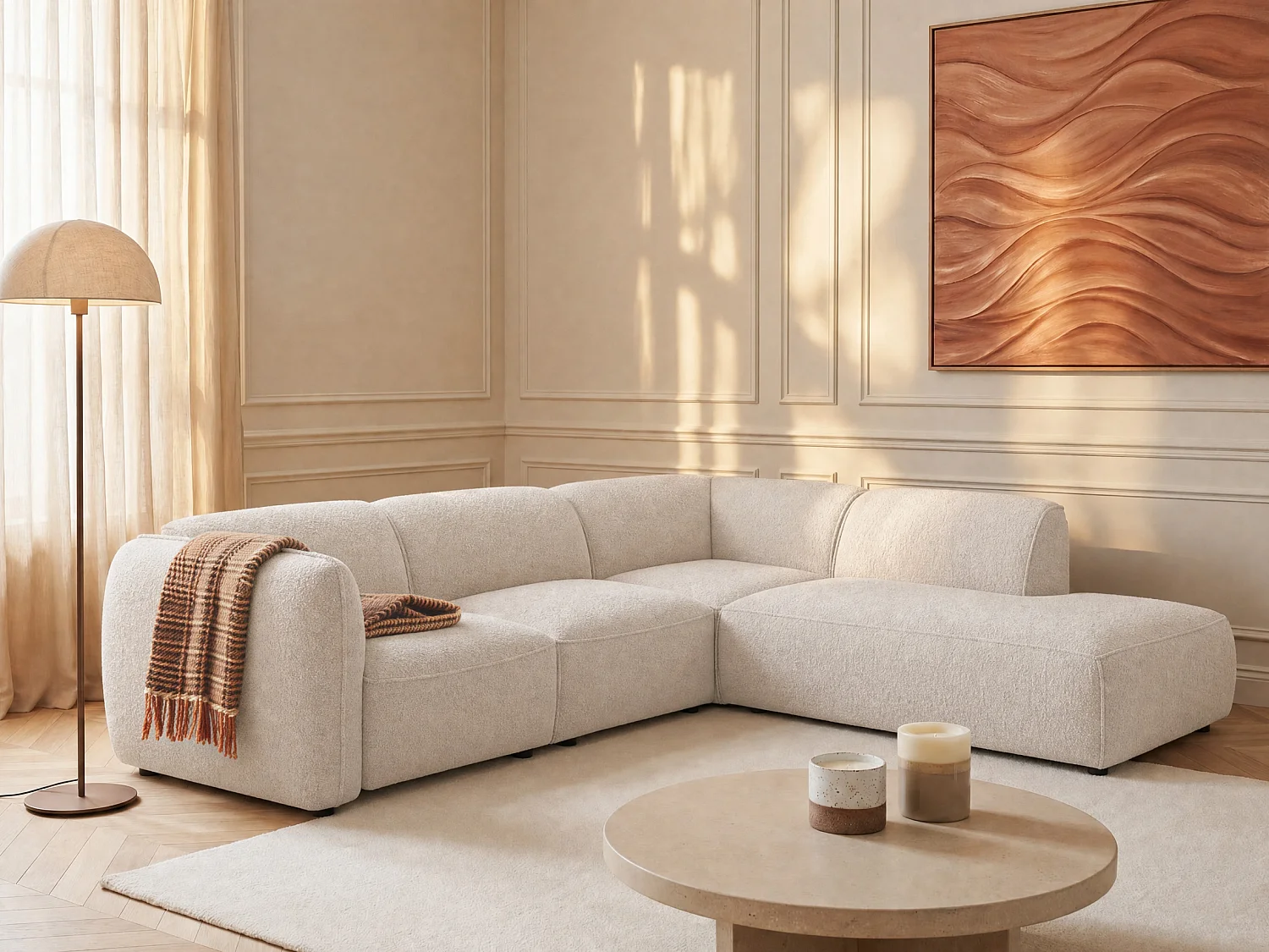 Canapé d'angle droit avec dossier modulable en tissu chenille beige CAMILIO de Maison Céphy