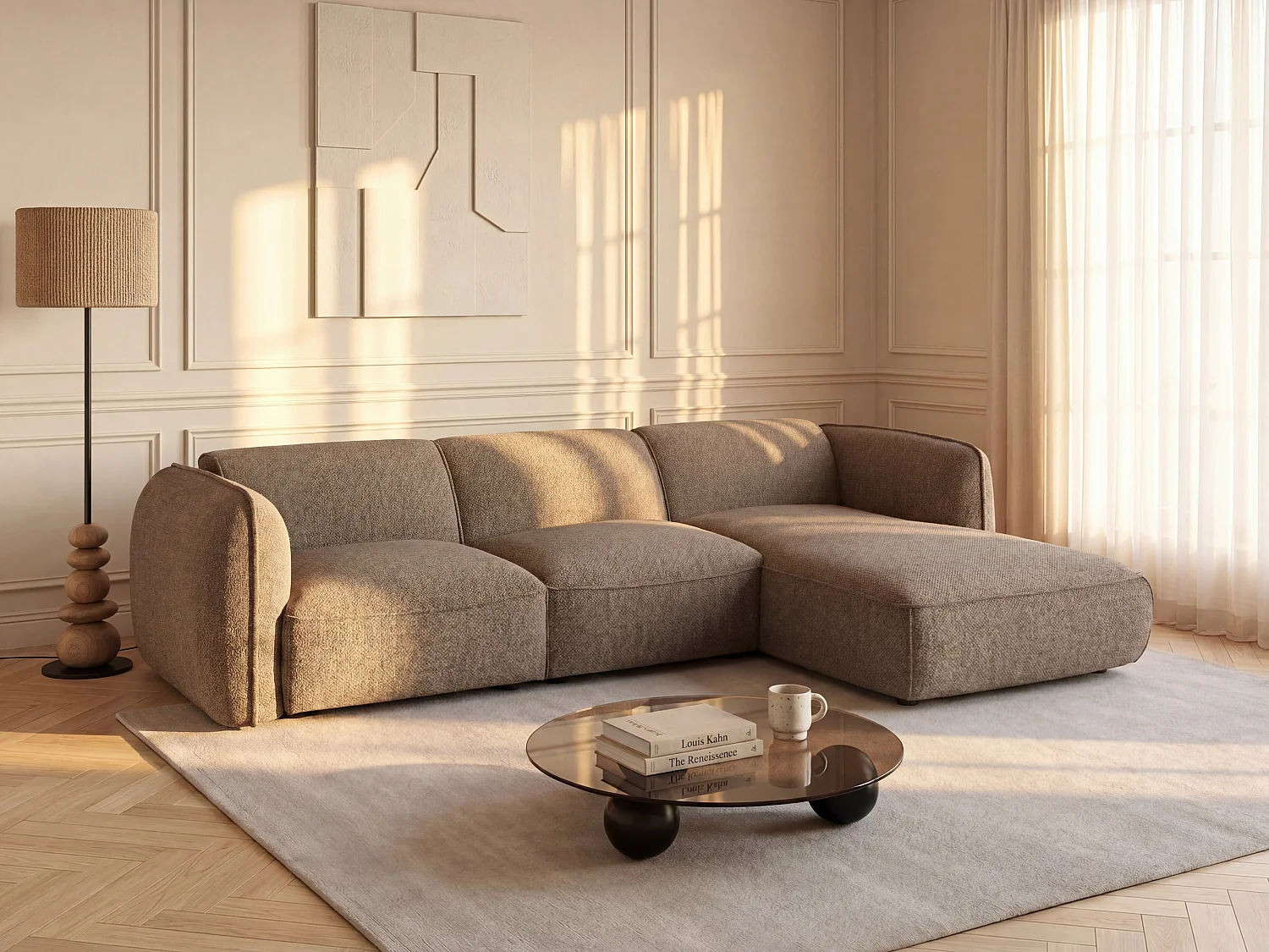 Canapé d'angle droit modulable en tissu chenille taupe CAMILIO de Maison Céphy