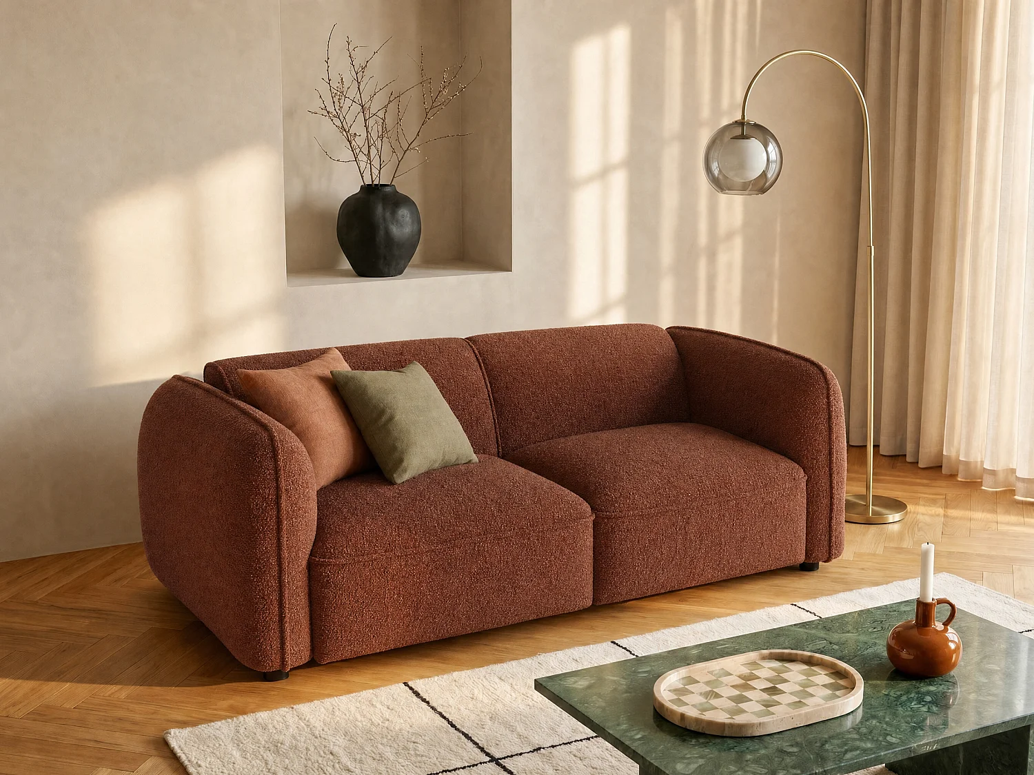 Canapé modulable 2 places en tissu chenille terracotta CAMILIO de Maison Céphy
