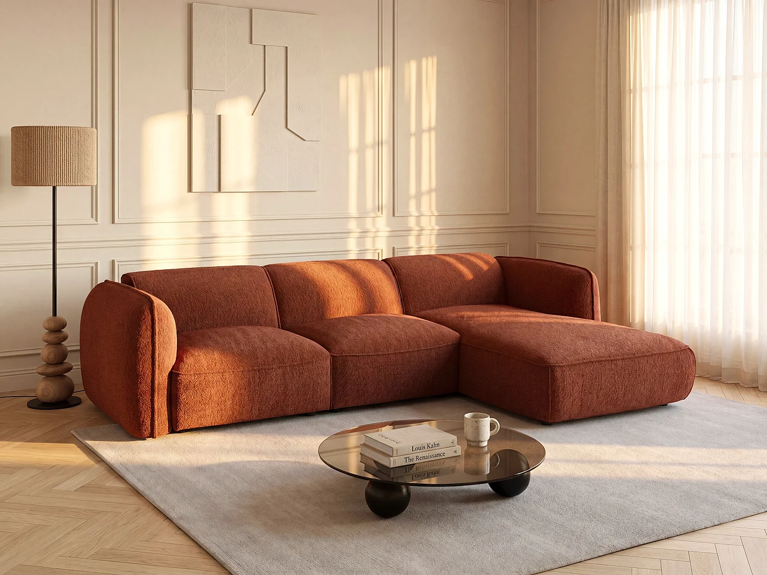 Canapé d'angle droit modulable en tissu chenille terracotta CAMILIO de Maison Céphy