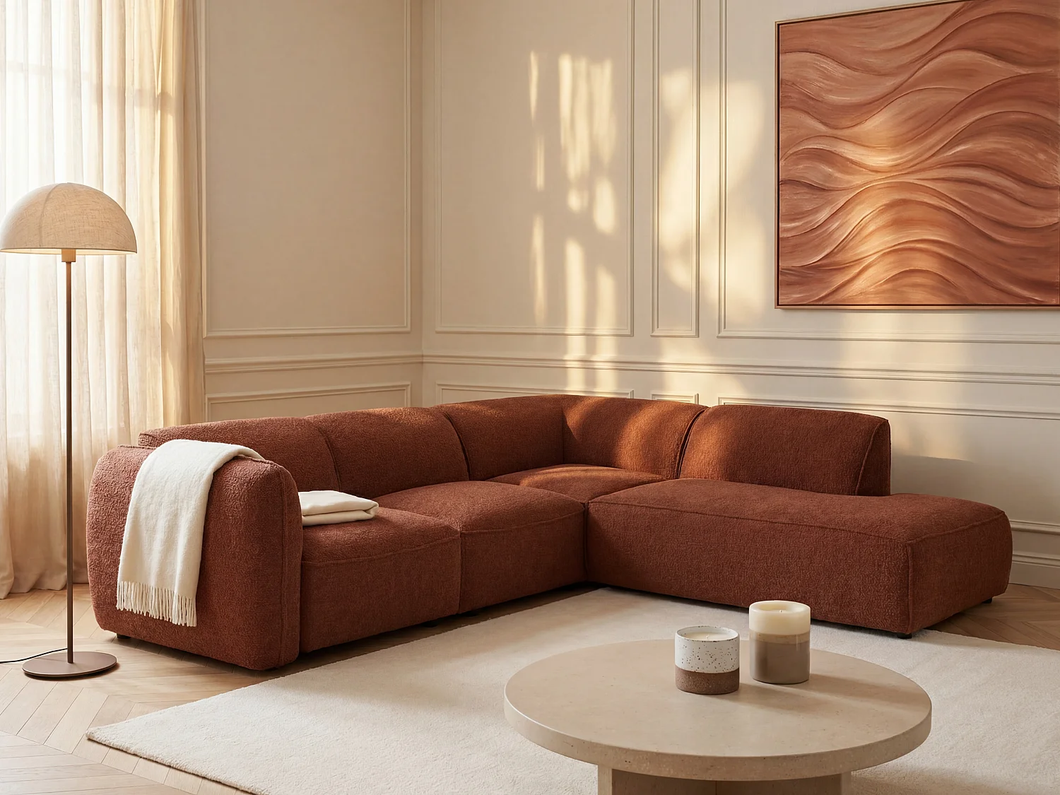 Canapé d'angle droit avec dossier modulable en tissu chenille terracotta CAMILIO de Maison Céphy