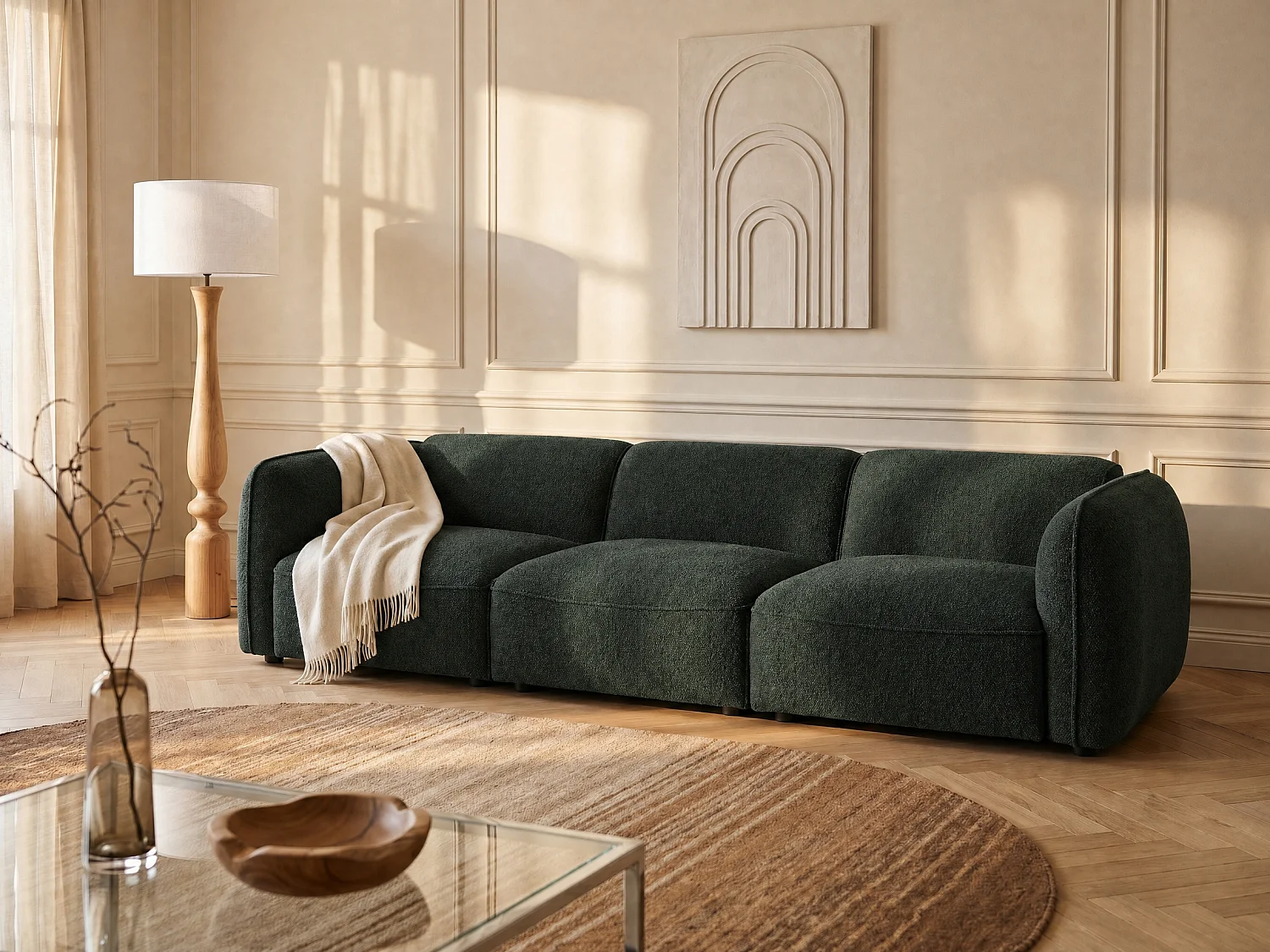 Canapé modulable 3 places en tissu chenille vert CAMILIO de Maison Céphy