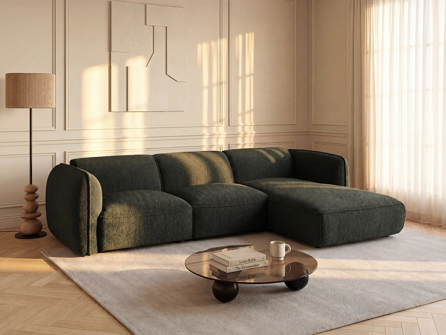 Canapé d'angle droit modulable en tissu chenille vert CAMILIO de Maison Céphy