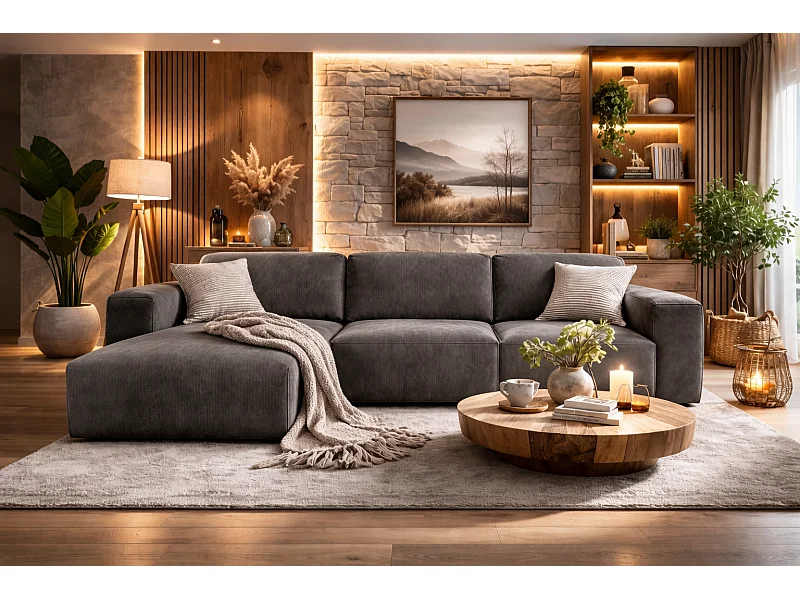 Canapé d’angle LUXOR L gauche convertible avec coffre – canapé salon moderne, lit d’appoint, tissu brun chocolat, canapé familial confortable