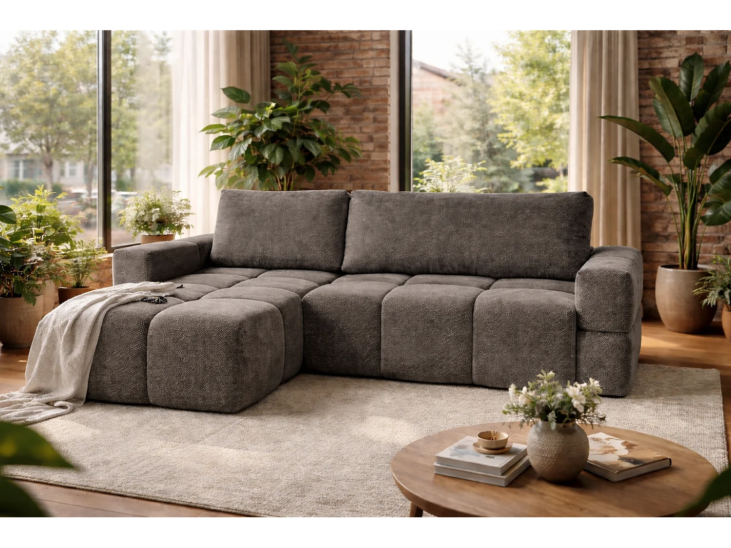 Canapé d’angle MODENA réversible convertible avec coffre – grand canapé salon, lit d’appoint, design moderne, tissu gris, confortable pour toute la famille