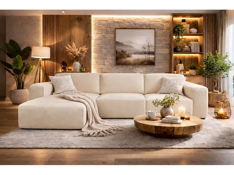 Canapé d’angle LUXOR L gauche convertible avec coffre – canapé salon moderne, lit d’appoint, tissu beige, canapé familial confortable