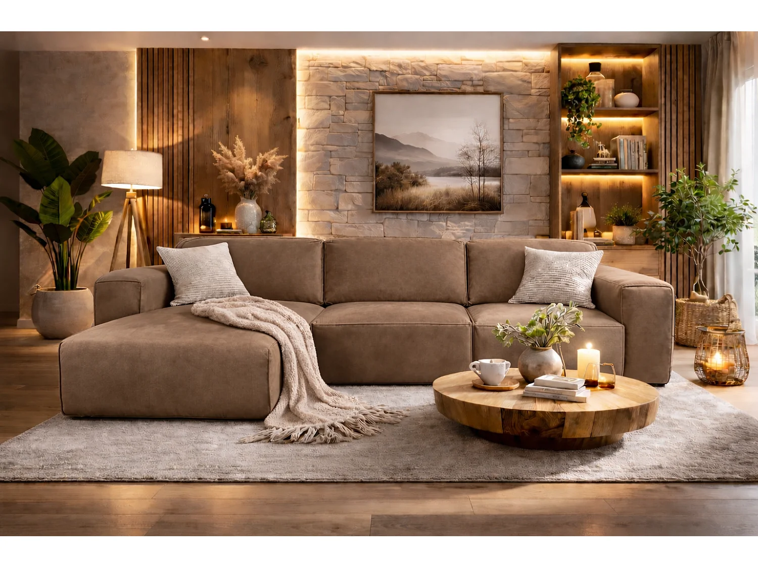 Canapé d’angle LUXOR L gauche convertible avec coffre – canapé salon moderne, lit d’appoint, tissu brun, canapé familial confortable