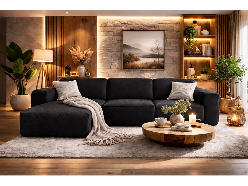 Canapé d’angle LUXOR L gauche convertible avec coffre – canapé salon moderne, lit d’appoint, tissu noir, canapé familial confortable