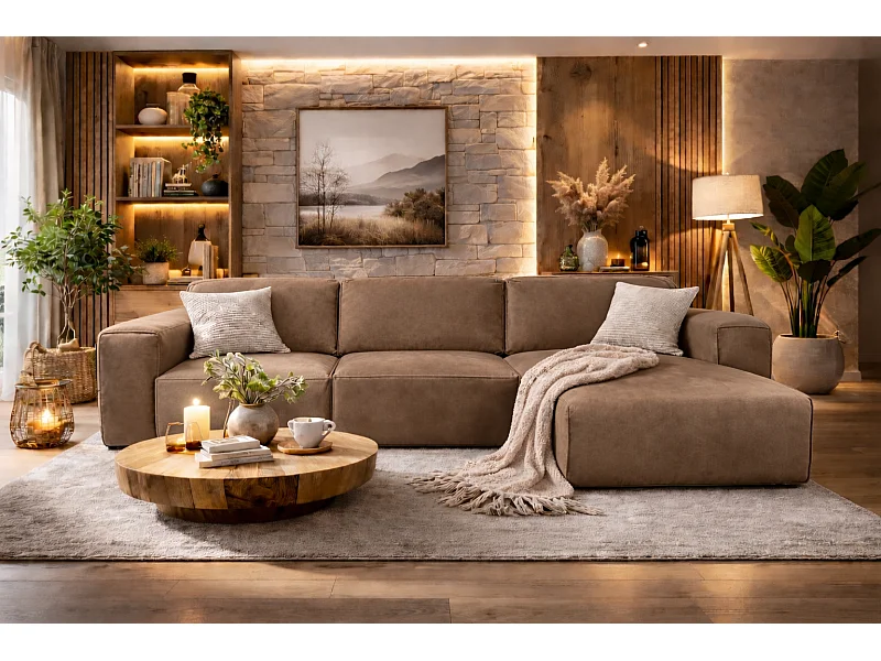 Canapé d’angle LUXOR L droit convertible avec coffre – canapé salon moderne, lit d’appoint, tissu brun, canapé familial confortable