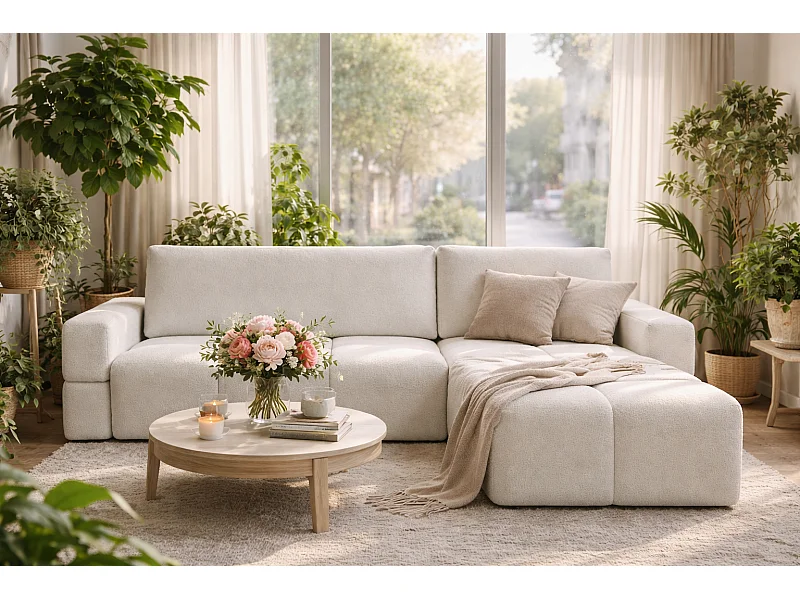 Canapé d’angle MODENA réversible convertible avec coffre – grand canapé salon, lit d’appoint, design moderne, tissu blanc, confortable pour toute la famille