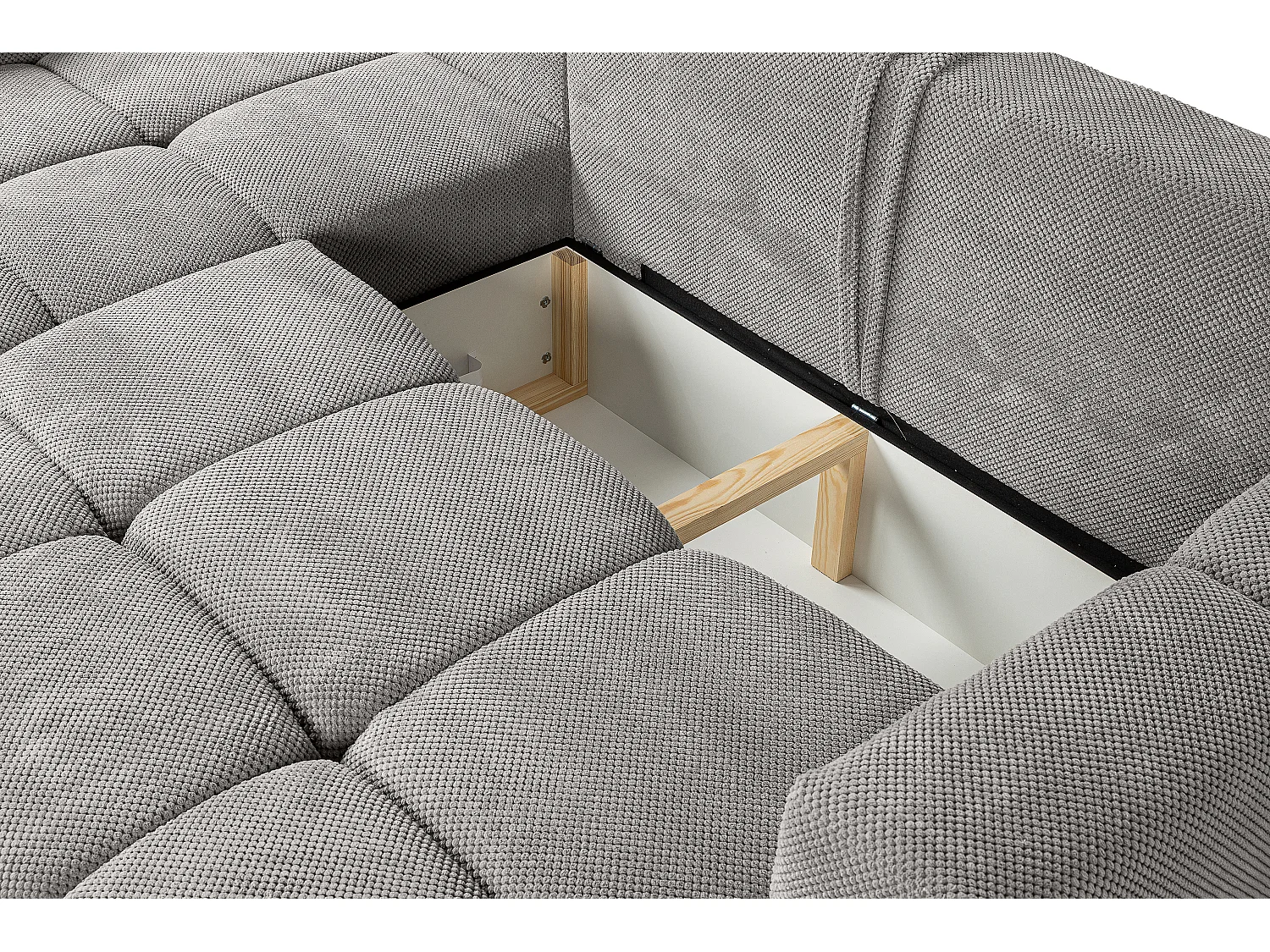 Canapé d’angle MODENA réversible convertible avec coffre – grand canapé salon, lit d’appoint, design moderne, tissu gris clair, confortable pour toute la famille