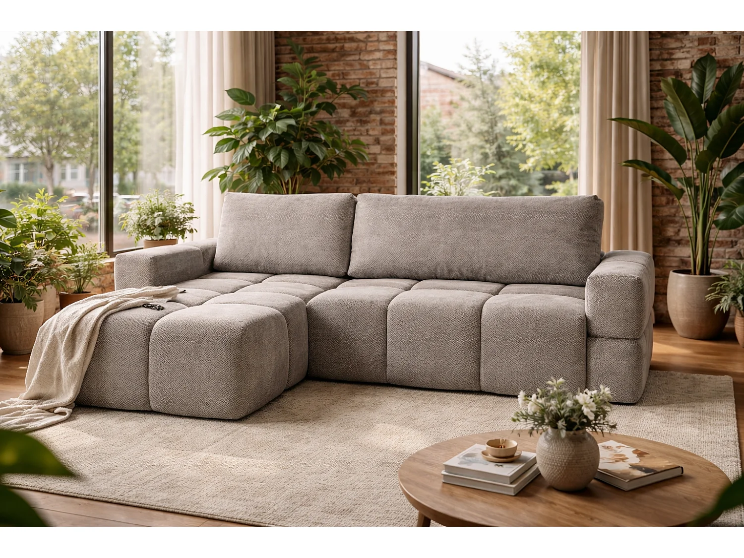 Canapé d’angle MODENA réversible convertible avec coffre – grand canapé salon, lit d’appoint, design moderne, tissu gris clair, confortable pour toute la famille