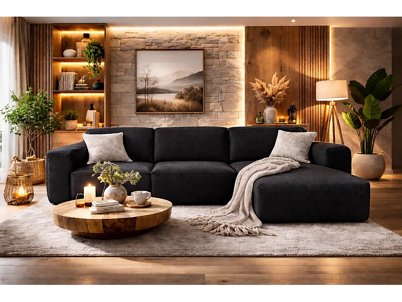 Canapé d’angle LUXOR L droit convertible avec coffre – canapé salon moderne, lit d’appoint, tissu noir, canapé familial confortable