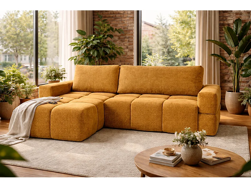 Canapé d’angle MODENA réversible convertible avec coffre – grand canapé salon, lit d’appoint, design moderne, tissu moutarde, confortable pour toute la famille