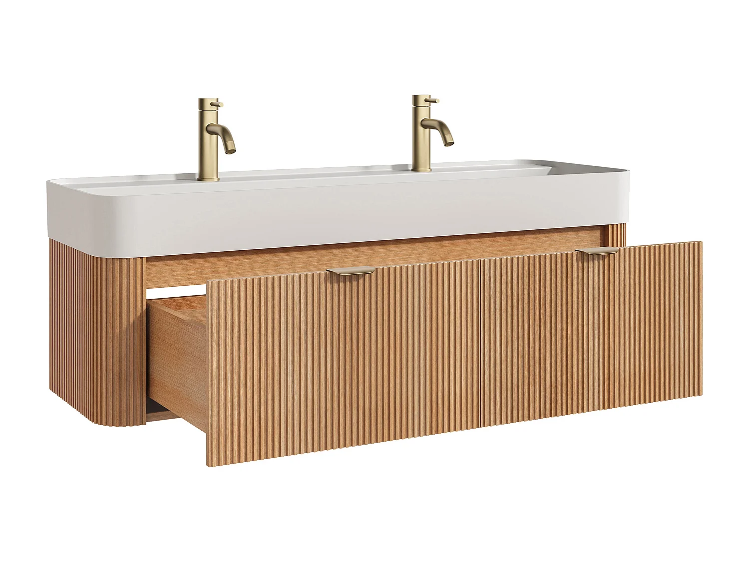 Móvel de casa de banho suspenso estriado em madeira de freixo com  lavatório duplo para encastrar e torneira - Natural claro - 120 cm - BULMAS