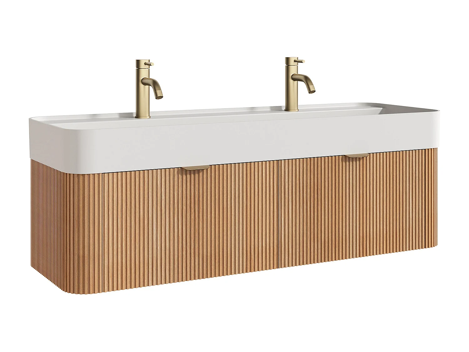 Móvel de casa de banho suspenso estriado em madeira de freixo com  lavatório duplo para encastrar e torneira - Natural claro - 120 cm - BULMAS