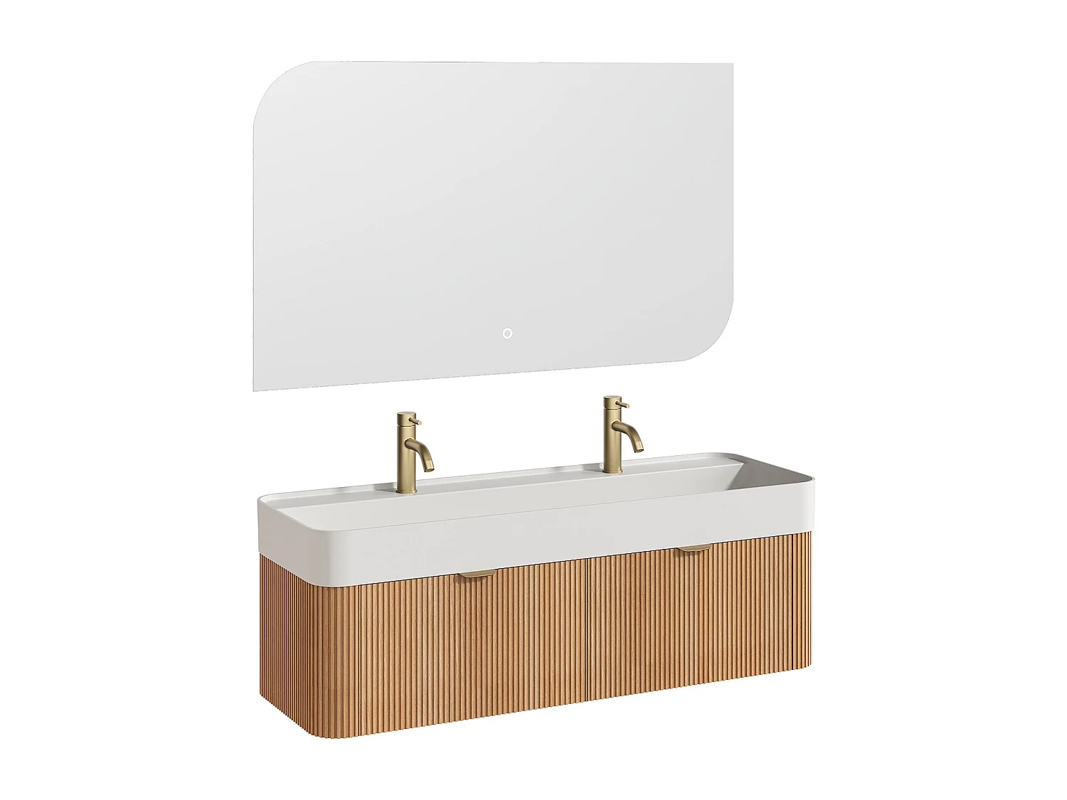 Móvel de casa de banho suspenso estriado em madeira de freixo com lavatório duplo para encastrar, torneira e espelho - Natural claro - 120 cm - BULMAS