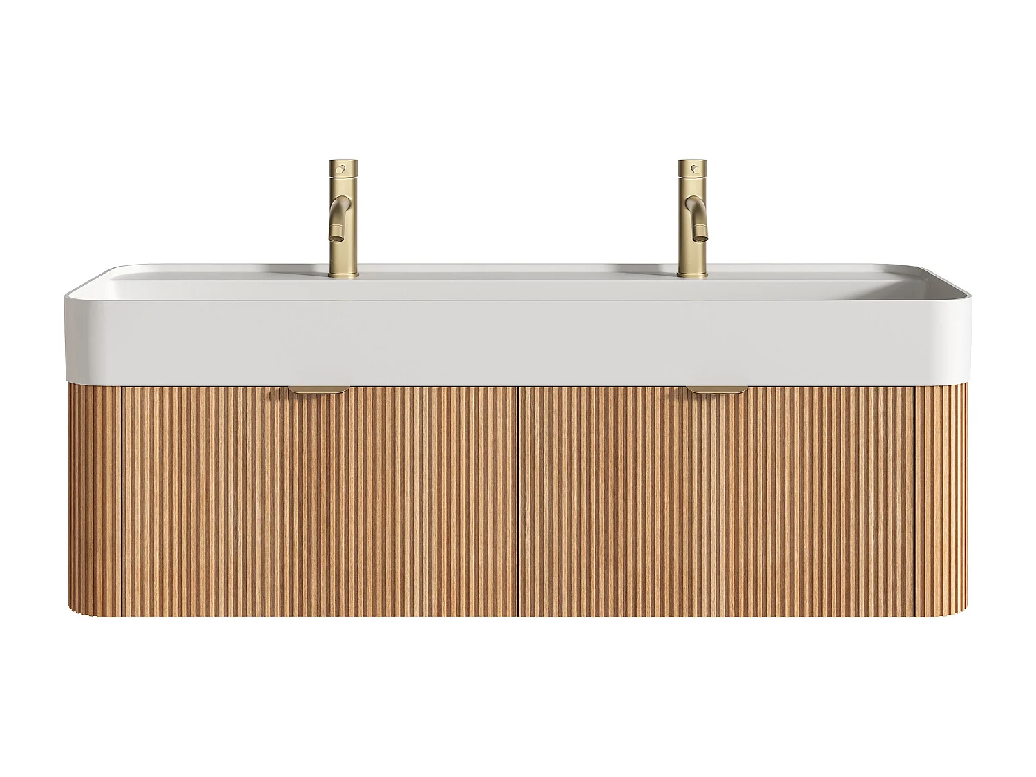 Móvel de casa de banho suspenso estriado em madeira de freixo com lavatório duplo para encastrar, torneira e espelho - Natural claro - 120 cm - BULMAS