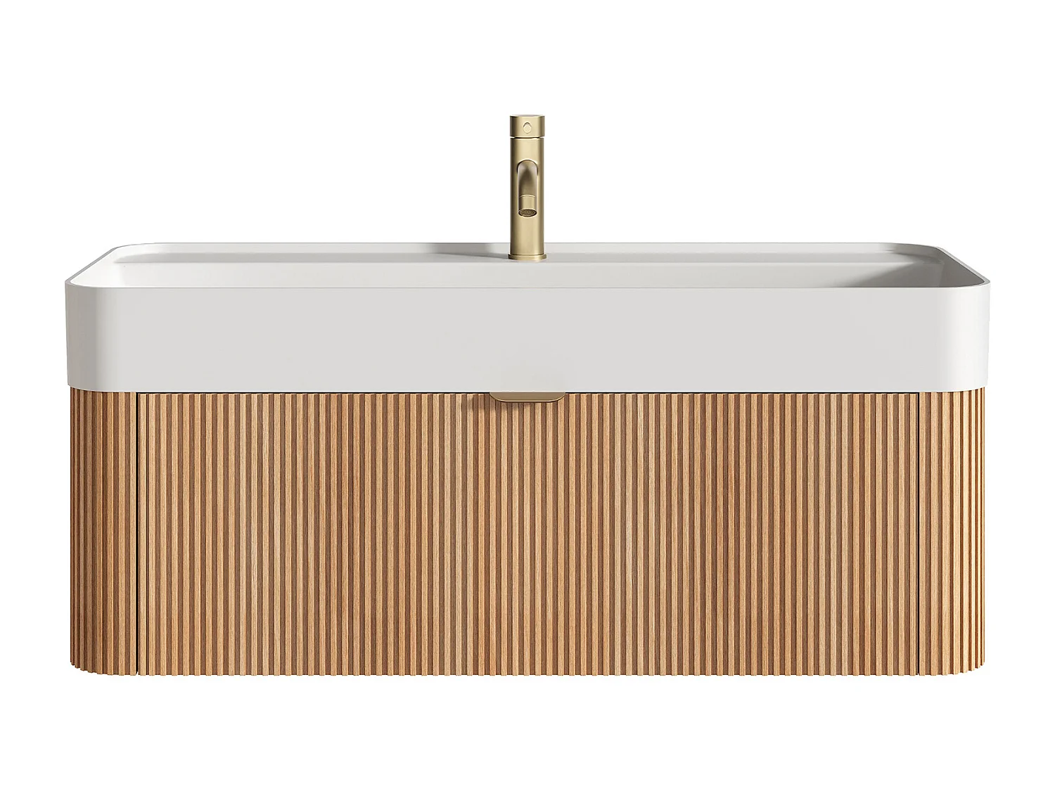 Móvel de casa de banho suspenso estriado em madeira de freixo com lavatório para encastrar e torneira - Natural claro - 100 cm - BULMAS