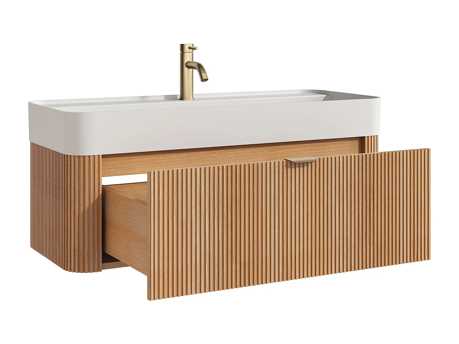 Móvel de casa de banho suspenso estriado em madeira de freixo com lavatório para encastrar e torneira - Natural claro - 100 cm - BULMAS