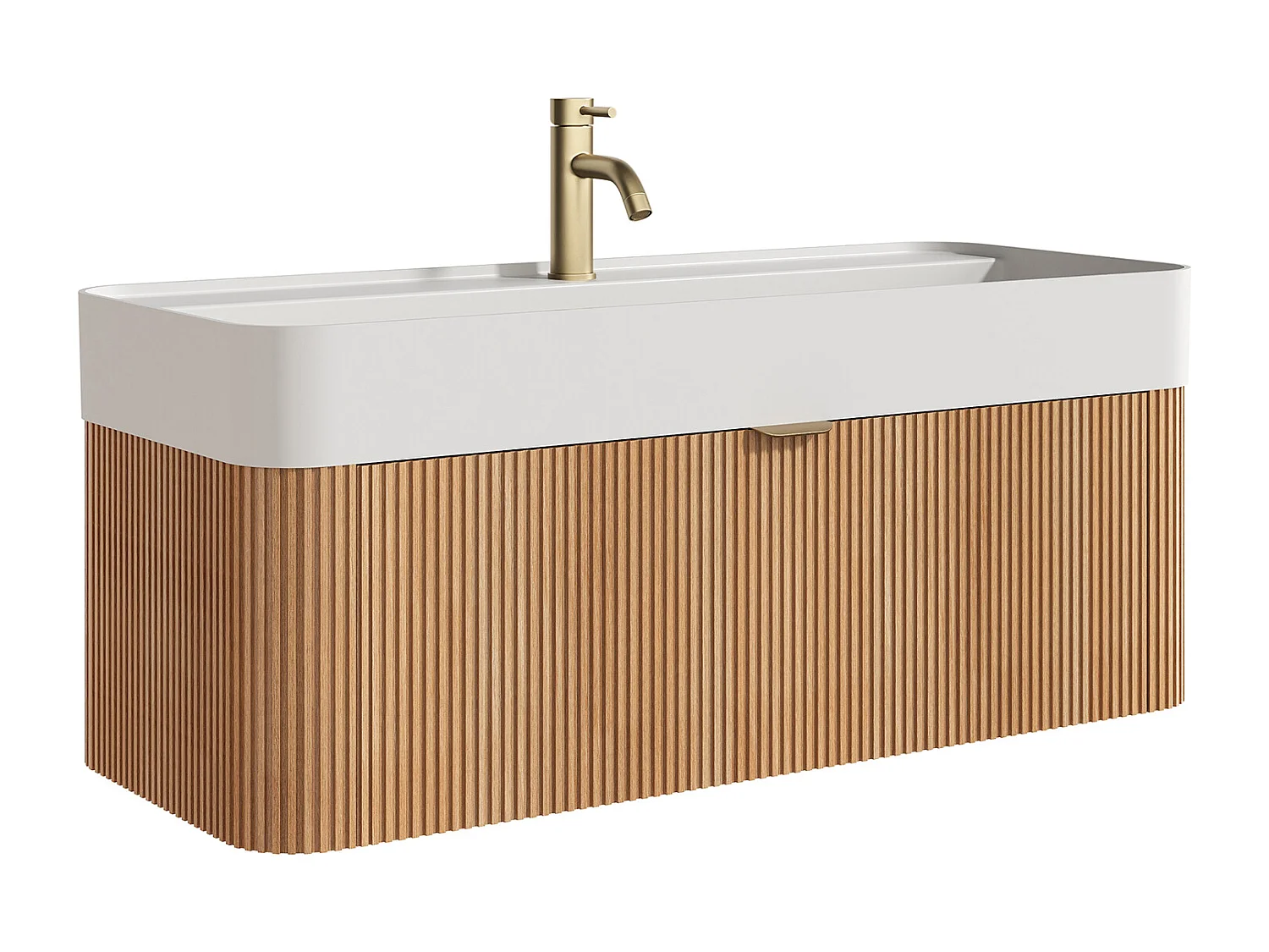 Móvel de casa de banho suspenso estriado em madeira de freixo com lavatório para encastrar e torneira - Natural claro - 100 cm - BULMAS