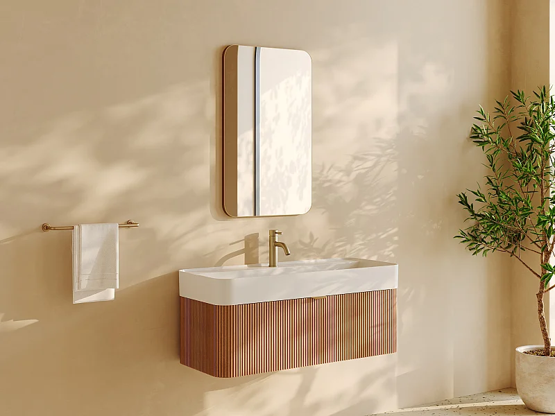 Móvel de casa de banho suspenso estriado em madeira de freixo com lavatório para encastrar e torneira - Natural claro - 100 cm - BULMAS