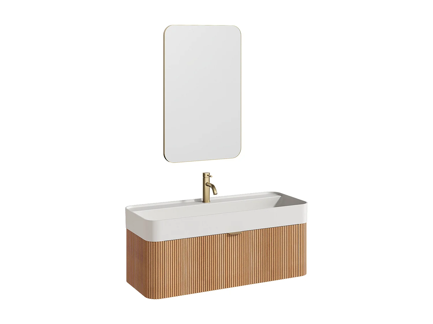 Hängender Waschbeckenunterschrank - Geriffelt - Eschenholz naturhell - mit Einbauwaschbecken, Armatur und Spiegel - 100 cm - BULMAS