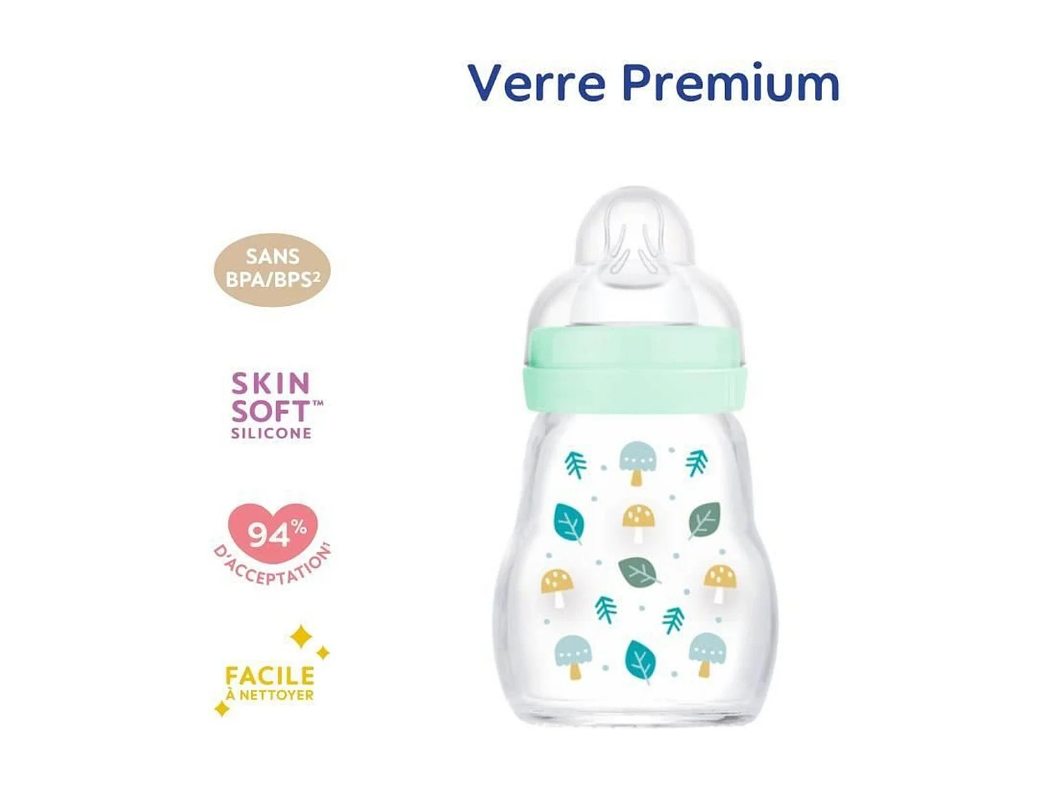 Biberon verre 170 ml - Bleu - Tétine Débit 1