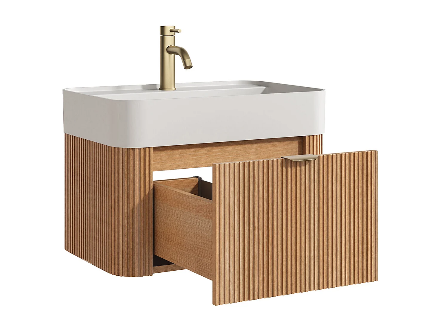 Hängender Waschbeckenunterschrank - Geriffelt - Eschenholz naturhell - mit Einbauwaschbecken und Armatur - 60 cm - BULMAS