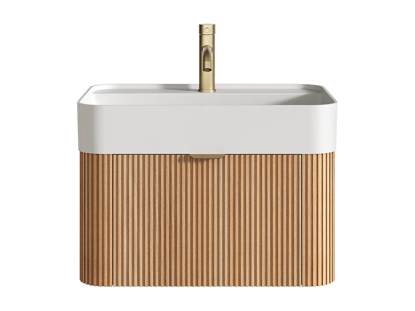 Hängender Waschbeckenunterschrank - Geriffelt - Eschenholz naturhell - mit Einbauwaschbecken und Armatur - 60 cm - BULMAS