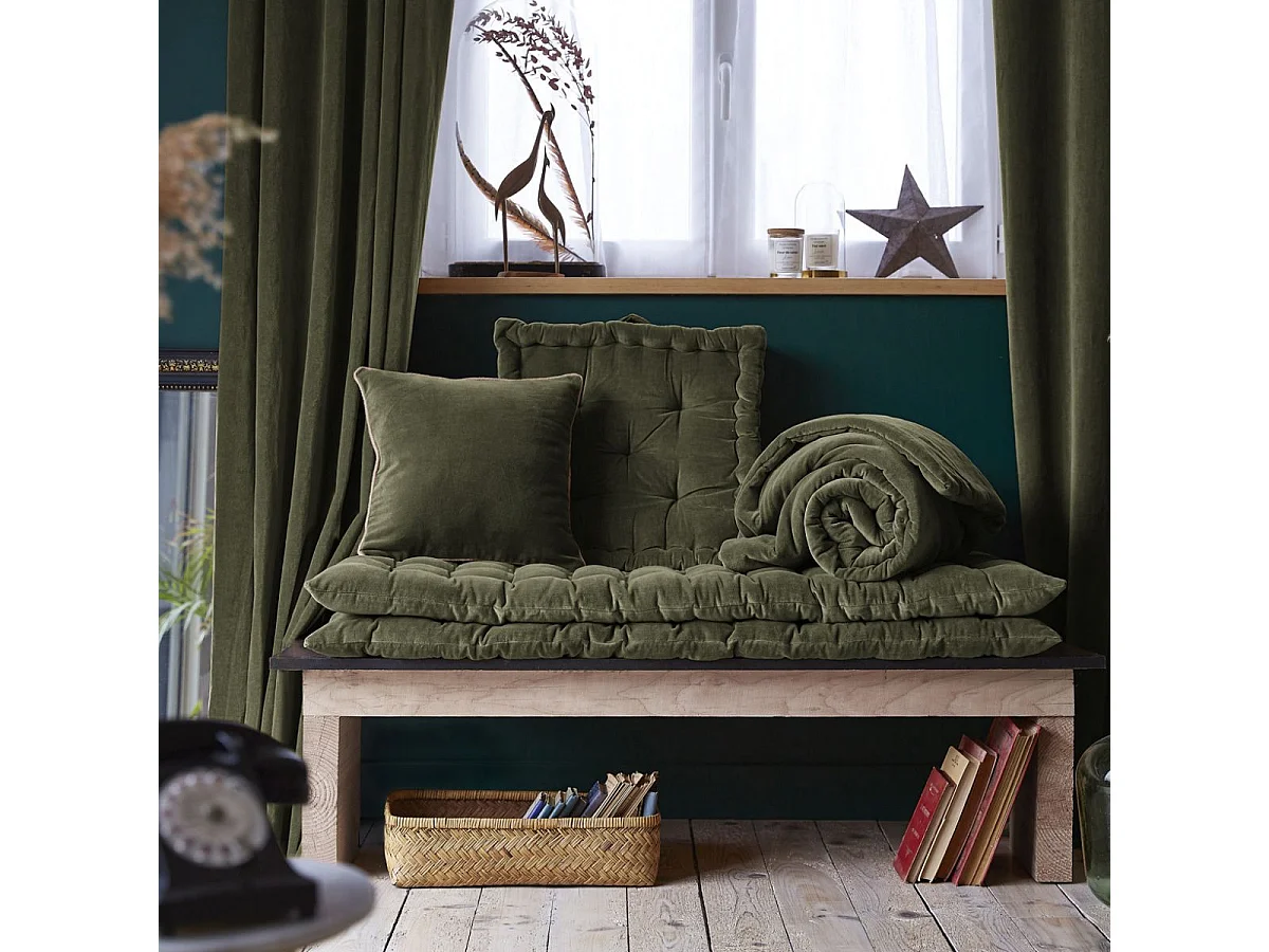 Coussin Déhoussable 40x60cm Velours de Coton Coloris Thym - HARRIS