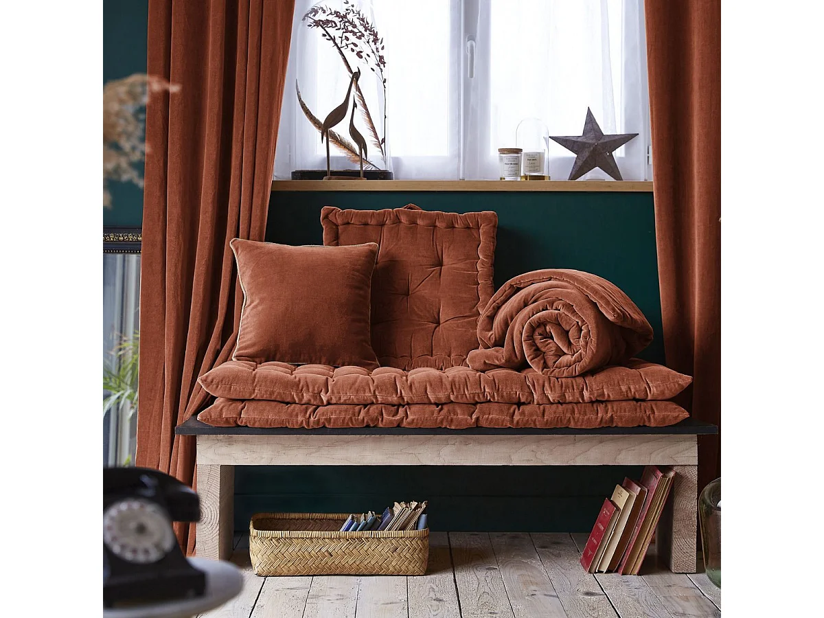 Coussin Déhoussable 40x60cm Velours de Coton Coloris Terracotta - HARRIS