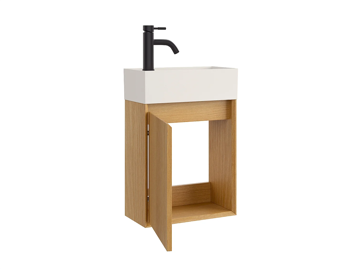 Meuble lave main suspendu avec vasque en résine blanc mat et robinet - Naturel clair - 40 x 25.5 x 57 cm - SOREL