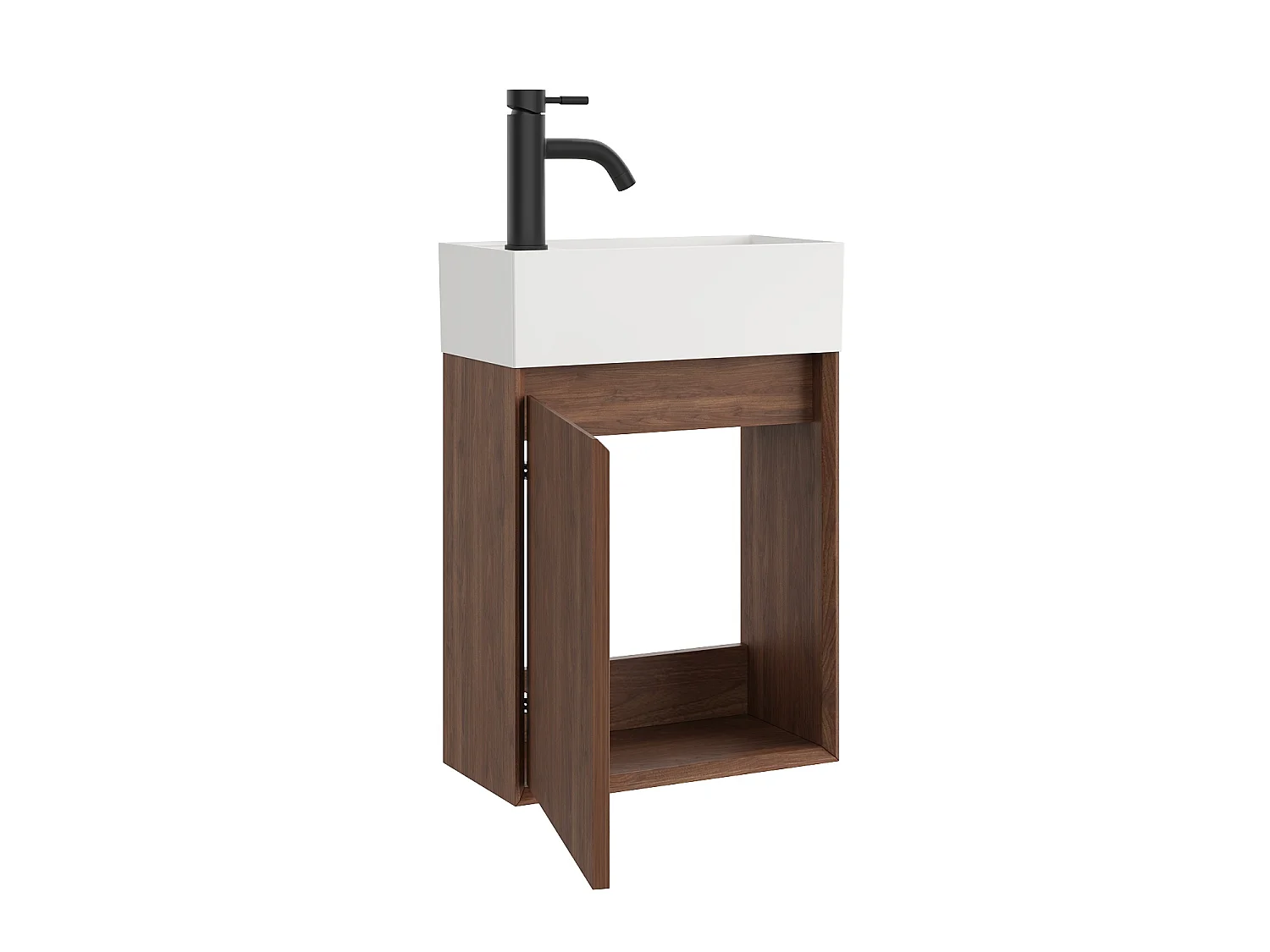 Meuble lave main suspendu avec vasque en résine blanc mat et robinet - Naturel foncé - 40 x 25.5 x 57 cm - SOREL