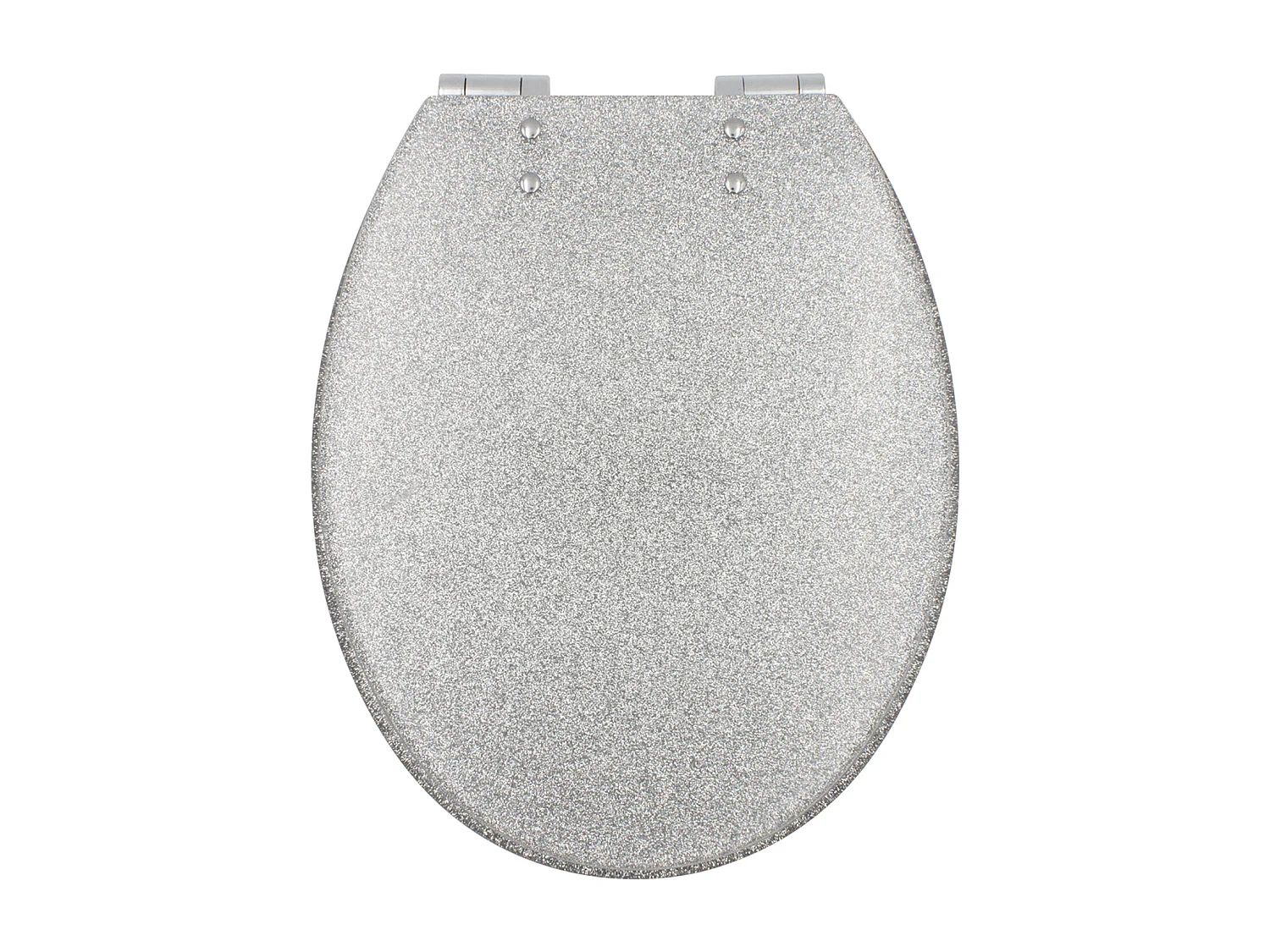 Assento sanitário de resina glitter prata com dobradiças metálicas cromadas e fechamento suave SOFT CLOSE