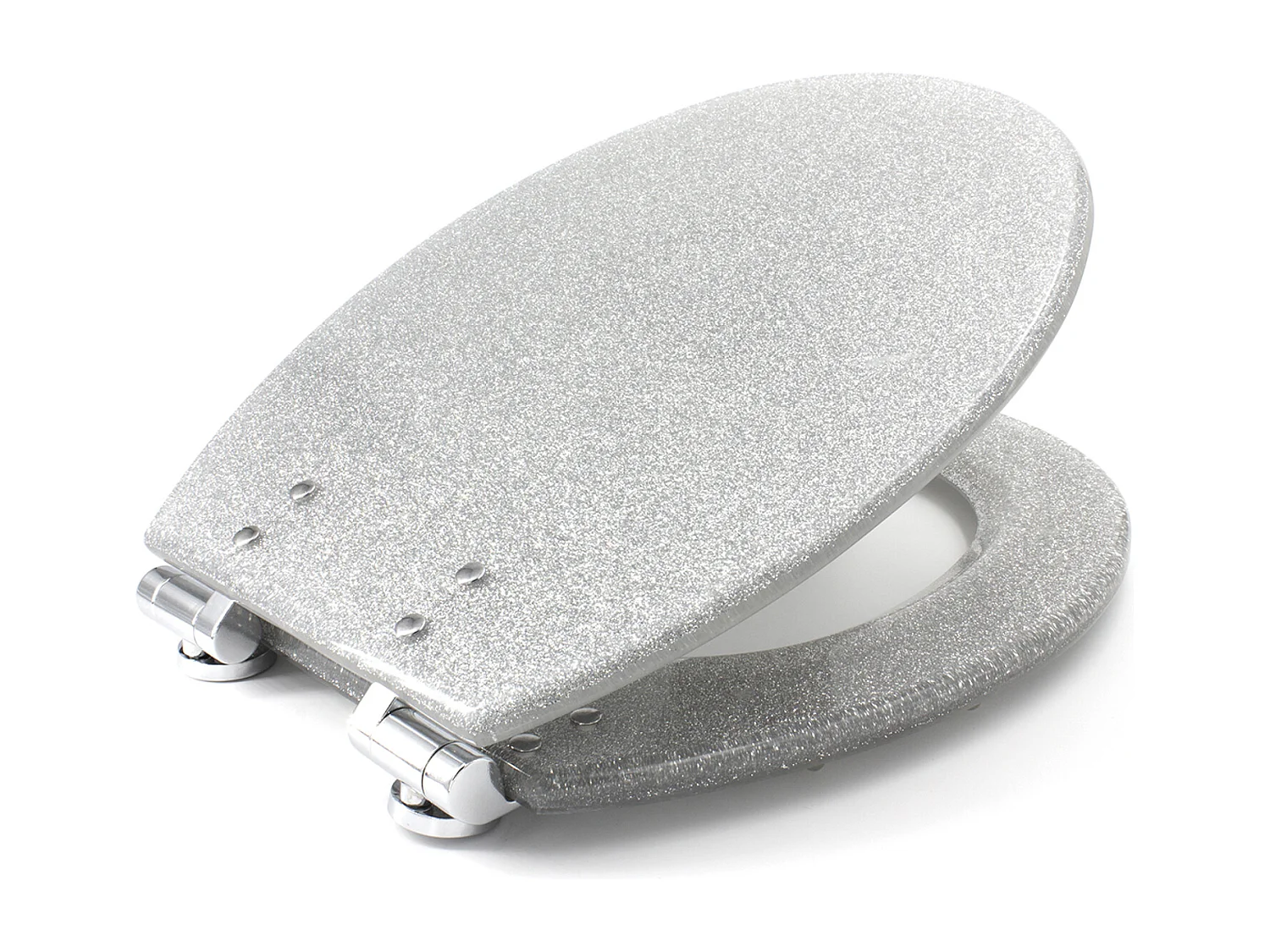 Assento sanitário de resina glitter prata com dobradiças metálicas cromadas e fechamento suave SOFT CLOSE