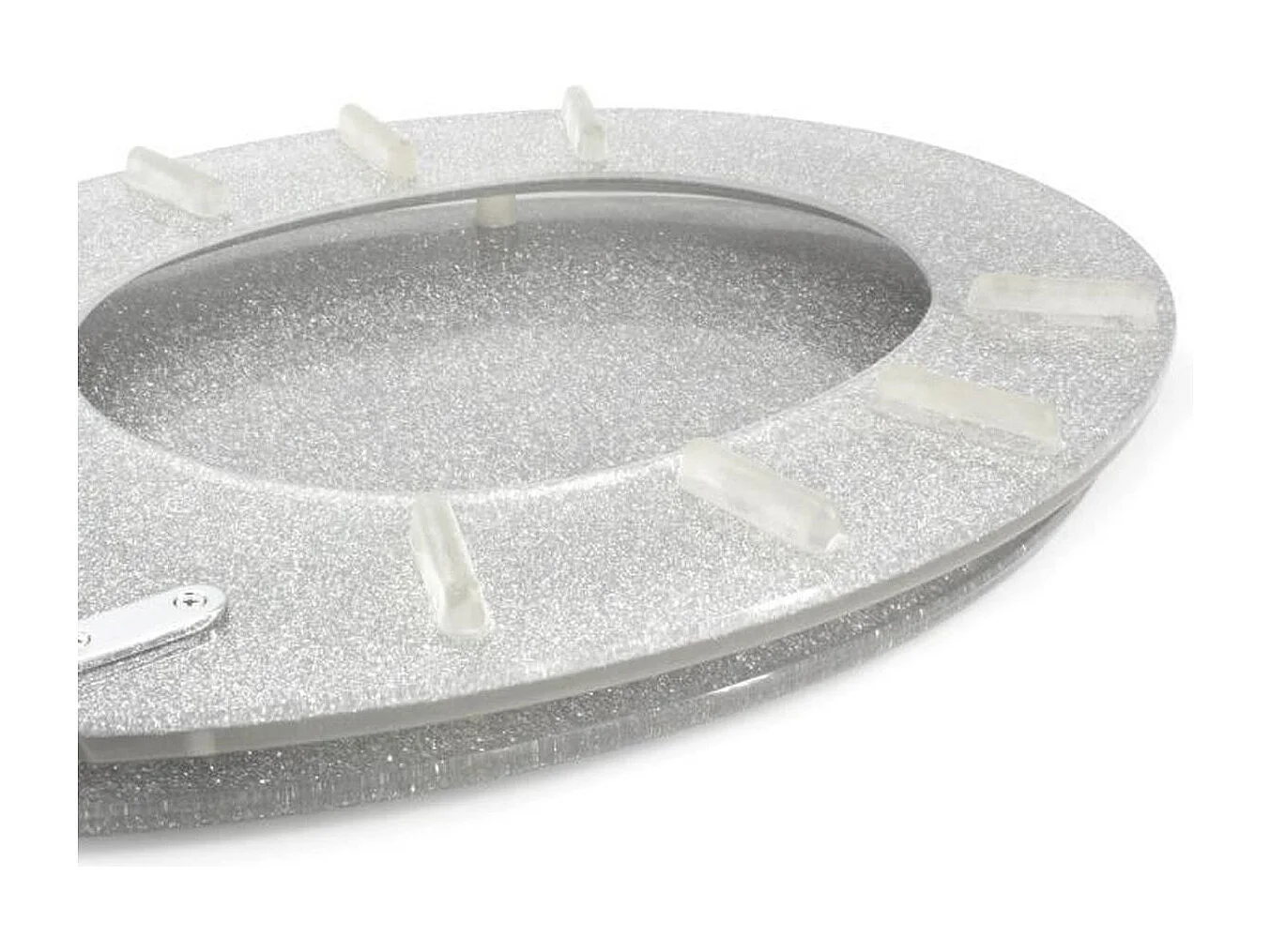 Assento sanitário de resina glitter prata com dobradiças metálicas cromadas e fechamento suave SOFT CLOSE