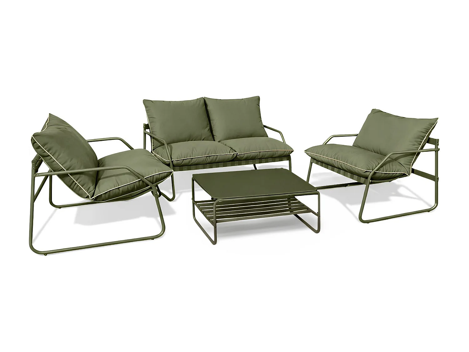 Now's Home - Salon De Jardin En Acier Et Tissu Vert Kaki Avec Table Basse Luigi