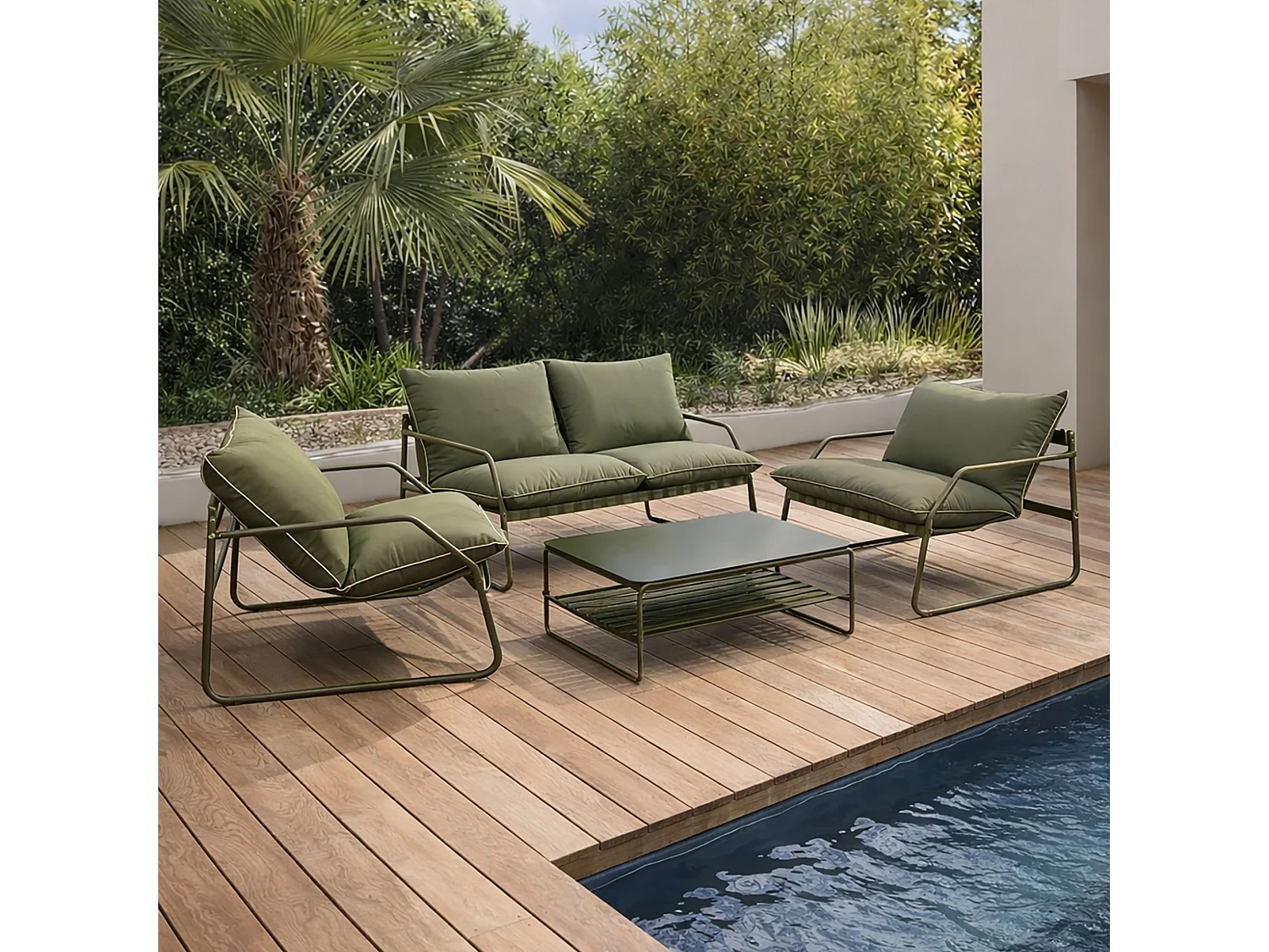 Now's Home - Salon De Jardin En Acier Et Tissu Vert Kaki Avec Table Basse Luigi