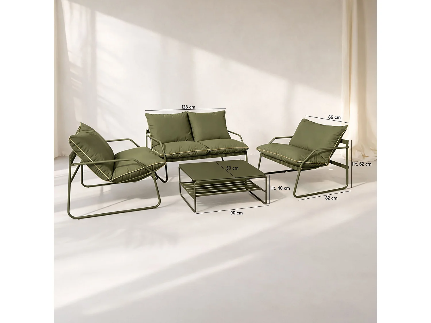 Now's Home - Salon De Jardin En Acier Et Tissu Vert Kaki Avec Table Basse Luigi