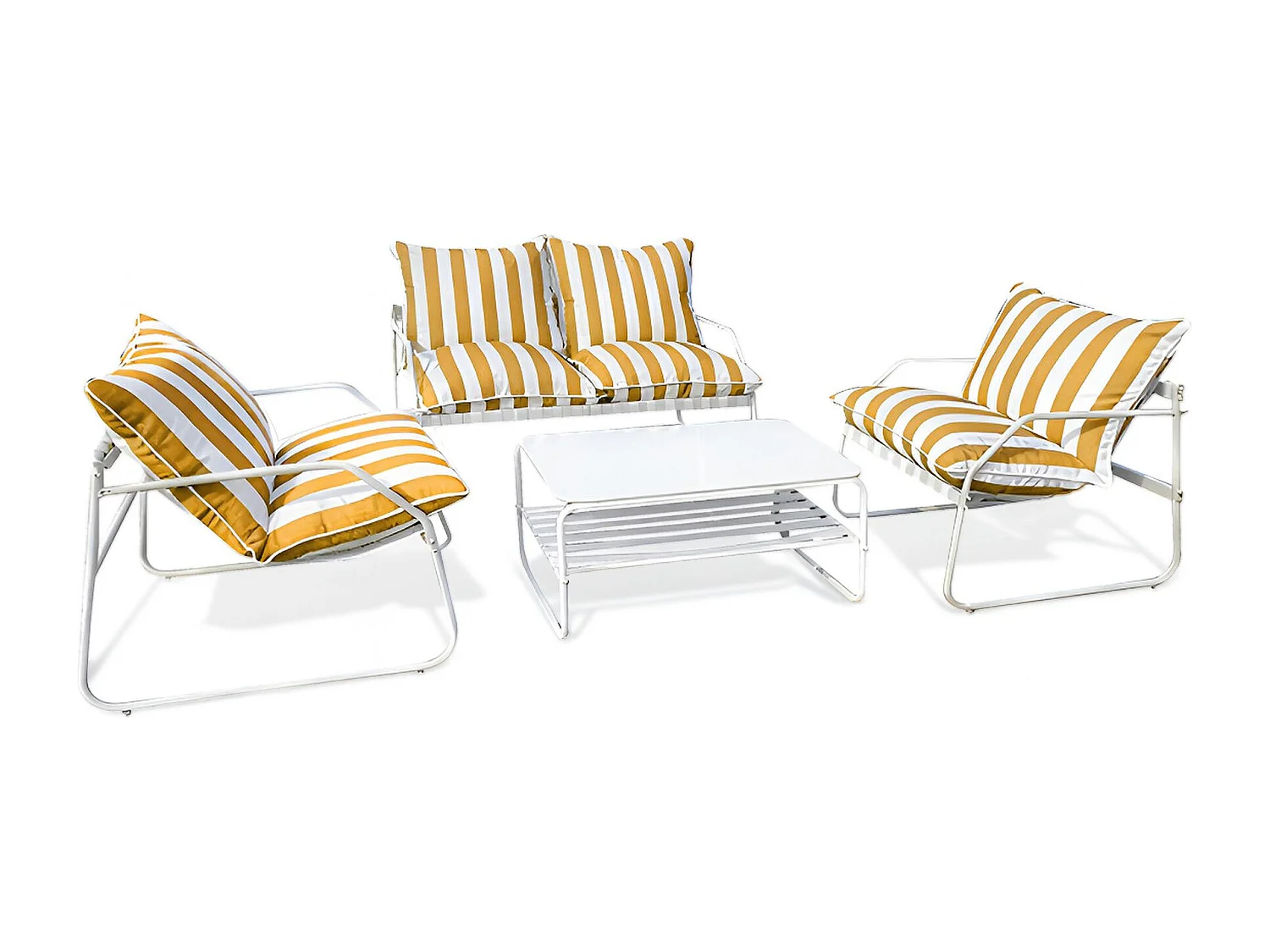 Now's Home - Salon Jardin Alu Blanc Et Tissu Bouton D'or Avec Table Basse Luigi