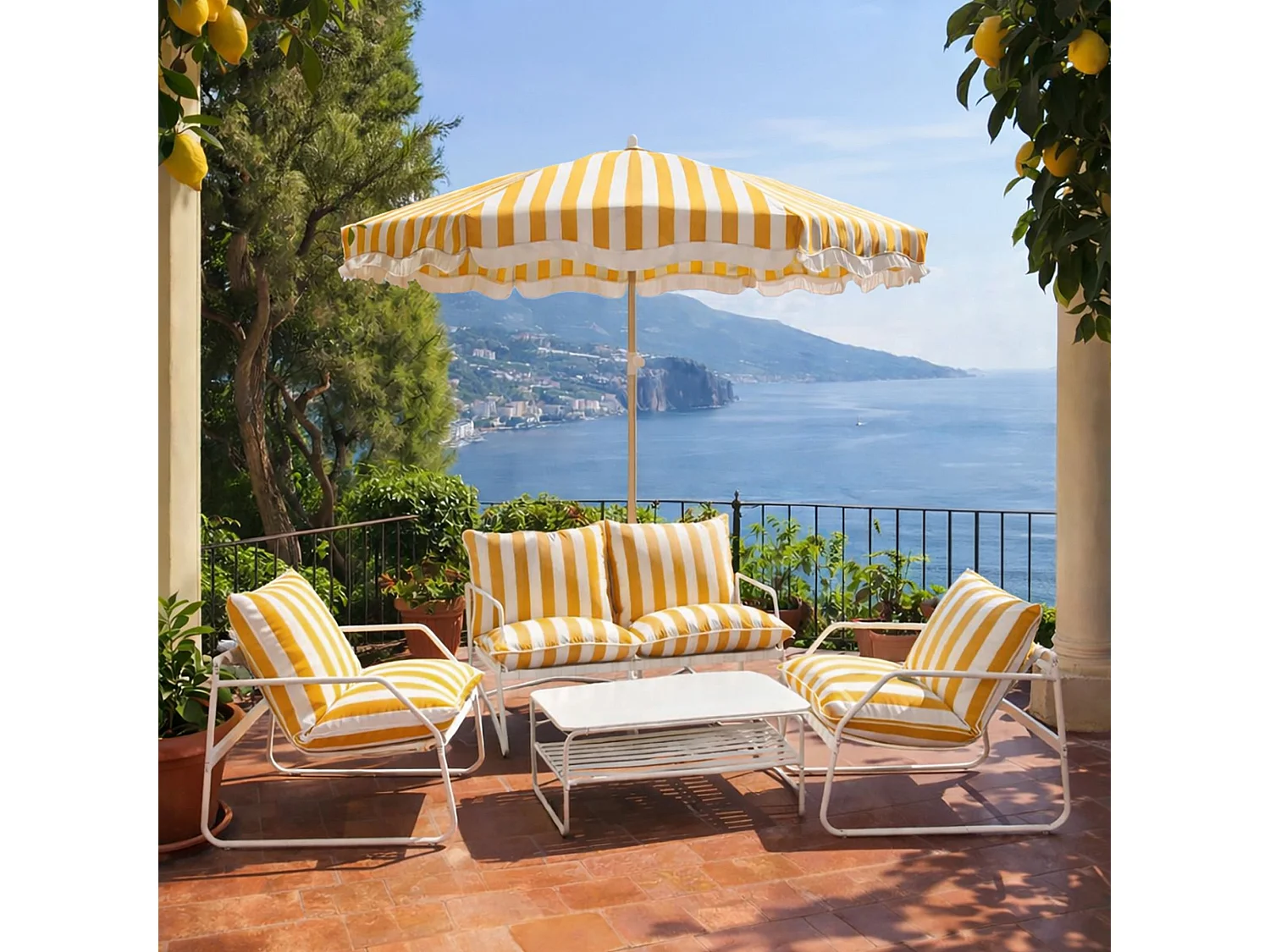 Now's Home - Salon Jardin Alu Blanc Et Tissu Bouton D'or Avec Table Basse Luigi