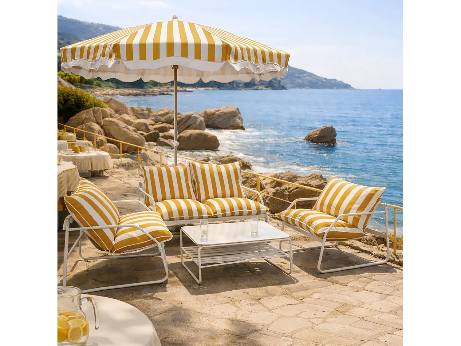 Now's Home - Salon Jardin Alu Blanc Et Tissu Bouton D'or Avec Table Basse Luigi